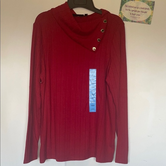Rafaella Tops - Rafaella Red Ribbed Long Sleeve Blouse